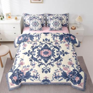 Imagem de Erosebridal Conjunto de edredom de damasco azul e rosa, 7 peças, tamanho casal, boêmio, tribal, étnico, vintage, barroco, floral, em uma bolsa para mulheres, meninas, crianças, conjuntos de cama