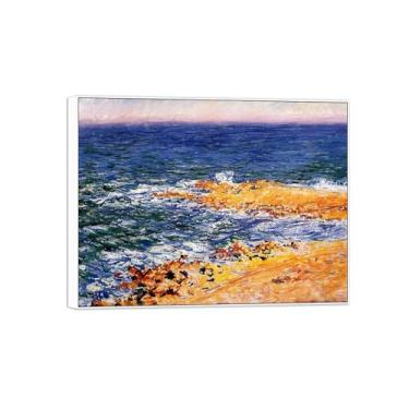 Imagem de BMZFYBS Claude Monet Famosas Impressões em tela de parede prontas para pendurar - Mar em Antibes - Pintura com moldura branca para decoração de sala de estar 80 x 105 cm 31 x 41 pol
