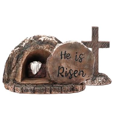 Imagem de Decoração de Páscoa Tumba Vazia com Cruz - Decorações para Casa Ele Ressuscitou Estátua: Presépio Religioso Jesus Manjedoura Ressurreição Resina Mesa Mesa Prateleira Decoração Presentes para Cristãos