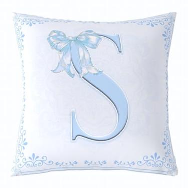 Imagem de Manfei Capa de almofada azul letra S linda princesa Bowkont dupla face fronha para crianças meninos meninas, capa de almofada floral aquarela para cama sofá sofá, 1 pacote 50,8 cm x 50,8 cm