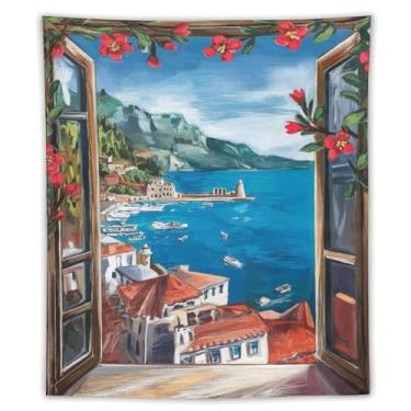 Imagem de Tapeçaria com vista de janela costeira cidade litorânea flores vermelhas flores barcos cênica paisagem mediterrânea arte decoração de parede para sala de estar quarto casa 70 x 90 tapeçaria