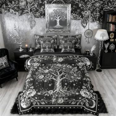 Imagem de Erosebridal Conjunto de edredom gótico Queen com lençol | Árvore da Vida Conjunto de cama com 7 peças, flores boêmias, galáxia, vintage, floral, decoração gótica, preta