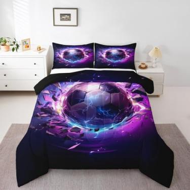 Imagem de Erosebridal Conjunto de edredom de futebol roxo completo para crianças, meninos e meninas, conjunto de cama com bola 3D, galáxia neon, edredom com 2 fronhas para quarto