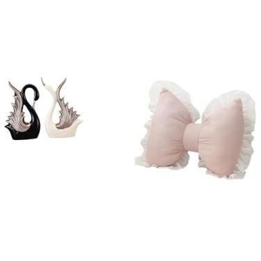 Imagem de Whtkoph Elegante Escultura de Cisne em Cerâmica com Almofada Decorativa em Forma de Laço para Decoração de Casa, Escritório, Sofá E Mesa de Cabeceira.