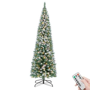 Imagem de Árvore de Natal artificial pré-iluminada de 1,8 m, decoração de árvore de Natal com lápis parcialmente flocado e fosco com 250 luzes multicoloridas, 8 modos de iluminação, 700 pontas de galho fosco