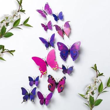 Imagem de 12 peças/conjunto removível 3D DIY lindos decalques de parede borboletas coloridas decoração artística adesivos de parede para quarto sala de aula escritórios fundo de TV (roxo)
