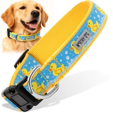 Imagem de The Worthy Dog Correia de nylon ajustável e confortável com estampa de banho de pato de borracha e pato, fivela lateral para cães - Serve em cães pequenos, médios e grandes, cor amarelo/azul
