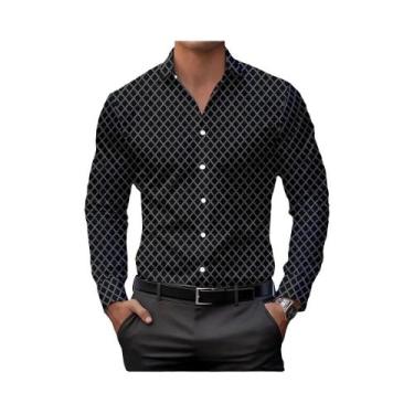 Imagem de Camisa Casual Masculina Com Estampa Xadrez Clássica, Gola Lapela, Mang