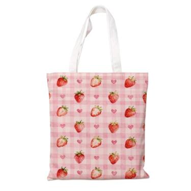 Imagem de Sacola feminina de lona – Bolsa de compras reutilizável, sacola de praia e livro, estampa guingão de corações de morango para dia dos namorados, bolsa de ombro de lona branca estética, presente para