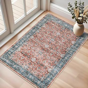 Imagem de Tapete vintage 2х3, suporte antiderrapante, lavável, resistente a manchas, supermacio, envelhecido, tapete persa, ideal para áreas de alto tráfego no quarto, sala de estar, entrada, vermelho tijolo