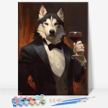 Imagem de HUINORYA Husky in Tuxedo Husky Dog Framed Canvas DIY Paint by Numbers Kit Bar Cafe Cave Home Room Wall Bathroom Varanda Pátio Decoração Presente, 40,6 x 30,5 cm