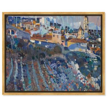 Imagem de Art Remedy Arte de parede em tela com paisagem impressionista Mir-Terraced Village Joaquim Mir-Terraced Village, moldura flutuante dourada, 76 cm x 61 cm
