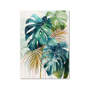 Imagem de Arte de parede de folhas tropicais – Impressão de folha de palmeira verde aquarela, pôster Monstera, decoração de plantas tropicais modernas para sala de estar em casa (SKU3,12 x 40,6 cm = (30 x 40 cm