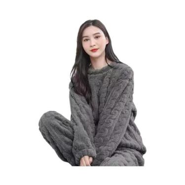 Imagem de Pijamas Femininos plus Size Em Flanela Aquecida, Manga Longa, Listrado