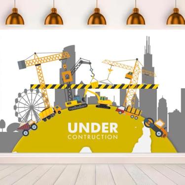 Imagem de YongFoto 2,1 x 1,5 m, cenário de canteiro de obras, desenho animado, escavadeira, escavadeira, cidade amarela, cenário fotográfico para meninos, chá de bebê, decoração de festa de 1º 2º aniversário