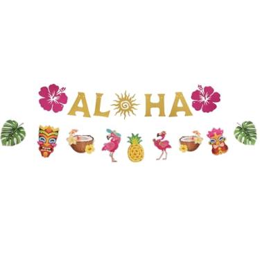 Imagem de Decorações de festa havaiana Aloha, faixa brilhante Aloha com tema tropical, decorações de festa havaiana, artigos de festa de luau, lembrancinha para decoração de festa de aniversário na praia no