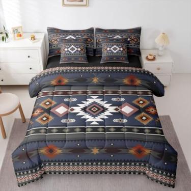Imagem de Erosebridal Conjunto de edredom queen de casa de fazenda asteca, preto, vermelho, cinza, tamanho queen, 7 peças | Conjunto de cama boêmia do sudoeste em uma bolsa, caubói tribal, roupa de cama para