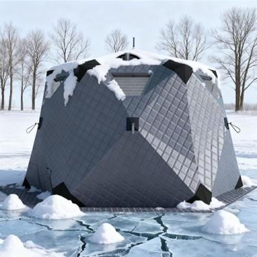 Imagem de Barraca de abrigo portátil para pesca no gelo para 3 a 5 pessoas - barraca de gelo pop-up isolada com tapete, pontas de gelo, cordas e bolsa de transporte - Casa de pesca de configuração rápida para