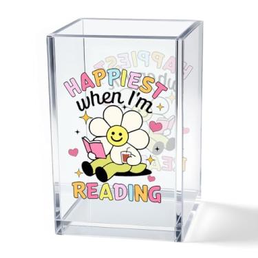 Imagem de Vgrti Happiest When I'm Reading Copo de acrílico para lápis cosmético, acessórios organizadores de mesa, presentes para amantes de livros, presentes para mulheres, meninas, membros do clube do livro