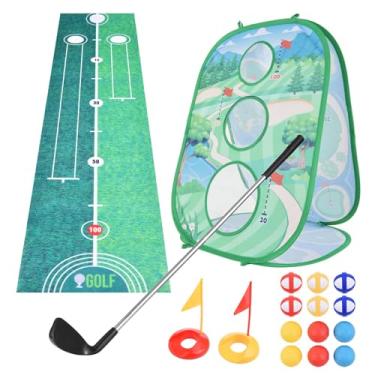 Imagem de KUIDAMOS Conjunto de Jogo de Golfe Infantil Portátil 3 Em 1 Kit de Prática Multifuncional Conjunto de Tapete de Jogo para Famílias Sala de Estar Quintal Jardim (de tapete de de golfe)