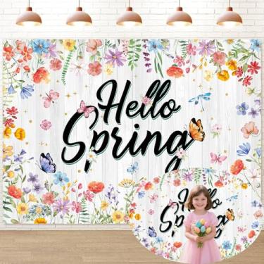 Imagem de Hello Spring Banner pano de fundo 1,8 x 1,2 m primavera flores silvestres branco de madeira para fotografia de decoração de festa de Páscoa, suprimentos para fotos