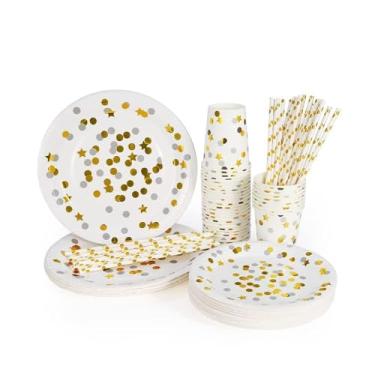 Imagem de Wemay 32 porções Copo de papel Bandeja de papel Palha Conjunto de talheres de papel Estrela Dots Bronzing Conjunto de talheres de evento de festa de casamento