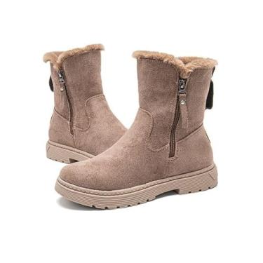 Imagem de Botas de inverno femininas modernas, casuais e confortáveis, cor sólida, bico redondo, plus veludo, cobertura quente, pernas, cano médio, botas de neve, ideais para uso diário, Marrom, 38