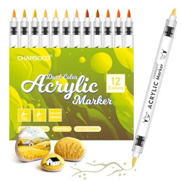 Imagem de CHARSOCO Canetas de tinta acrílica de tons amarelos, conjunto de marcadores de 12 cores com pincel macio e ponta de bala, para pedra, pintura, madeira, vidro, cerâmica, tela, pedra, artesanato DIY