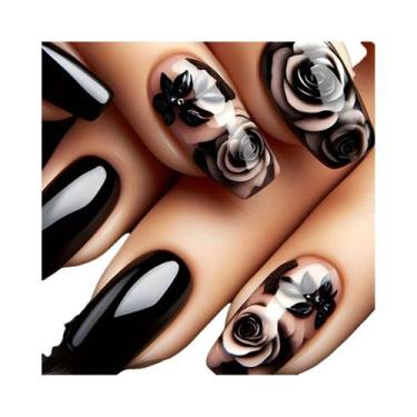 Imagem de Unhas Postiças Pretas Foscas Em Formato Caixão 24 Peças Tamanho Médio 