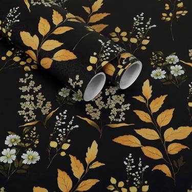 Imagem de practicalWs Papel de parede floral descasque e cole papel de parede preto vintage folha dourada papel de contato 44,5 cm x 998 cm envoltório de vinil autoadesivo boho removível para quarto e banheiro