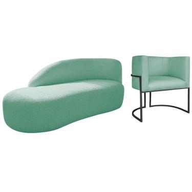 Imagem de Kit Divã Luna 185cm Lado Esquerdo E 01 Poltrona Base De Ferro Preto Suede Cor Azul Tiffany