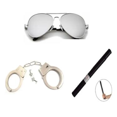 Imagem de Fantasia de Policial C/ Algemas Metal com Chave Cassetete e Óculos Espelhado - 3 Peças