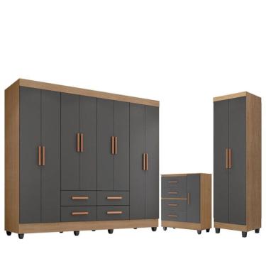 Imagem de Guarda Roupa Casal Porto com Cômoda Lite 4 Gavetas 01 Porta e Armário Multiuso Lite Nature Cinza - Móveis Leão