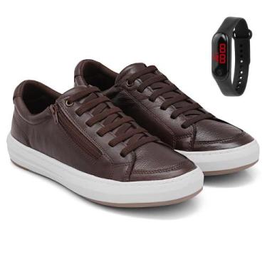 Imagem de Kit Sapatênis Masculino Casual Zíper Lateral Sola Alta De Couro + Reló