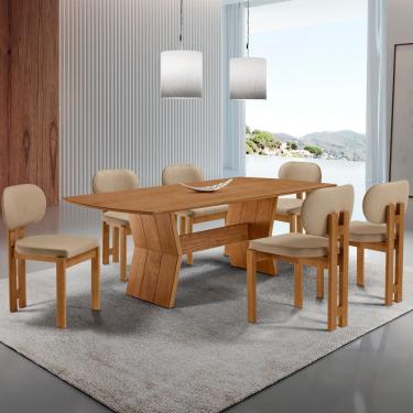 Imagem de Sala de Jantar Mesa Portugal 180cm Tampo Laminado Barril e 6 Cadeiras Nala Moderna Mobilia