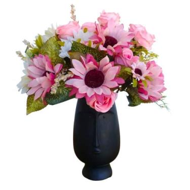 Imagem de Cachepot Face com Arranjo em Flores e Folhagens Artificiais 40x13,5cm 