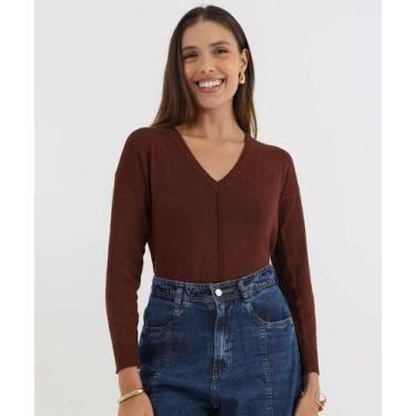 Imagem de Suéter Feminino Decote V Nervura Marisa Marrom-52077, Marrom, GG