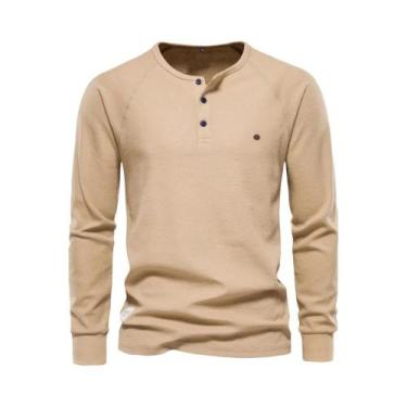 Imagem de Camiseta Masculina De Manga Longa Waffle Henley Respirável Básica De C