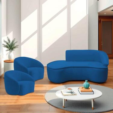 Imagem de Kit Divã Recamier Orgânico Marrocos 160cm Lado Esquerdo E 2 Poltronas Amore Linho Azul Royal