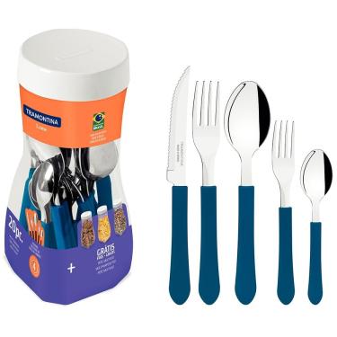 Imagem de Faqueiro 20 Peças Tramontina Leme em Aço Inox e Polipropileno com Pote Multiuso – Azul