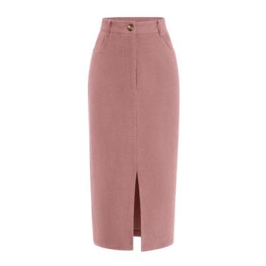 Imagem de Saia Lápis Midi Cintura Alta em Veludo Cotelê Rosa PRETTYGARDEN