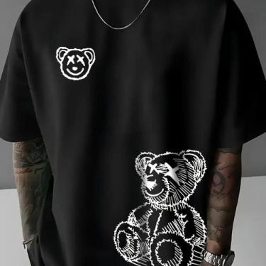 Imagem de Camiseta De Algodão Masculina De Verão Com Estampa De Urso Em Cartoon,