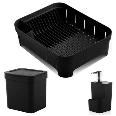 Imagem de Kit Cozinha Trium Escorredor De Louças + Lixeira 2,5L + Dispenser Dete