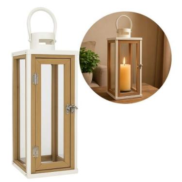 Imagem de Lanterna Decorativa Metal Branco Prime e Madeira com Vidro 38cm x 13cm