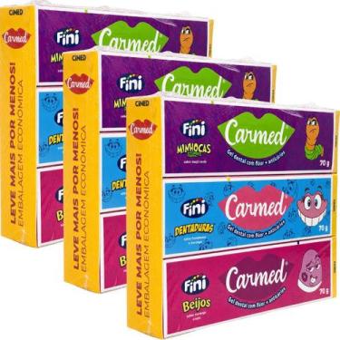 Imagem de Kit Gel Dental Carmed Fini 3 Sabores Hálito Refrescante Diversão para 