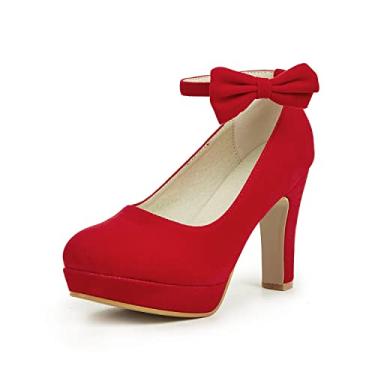 Imagem de GATUXUS Sapato feminino de salto alto plataforma com tira no tornozelo, salto grosso, para festa, casamento, formatura, Vermelho, 38
