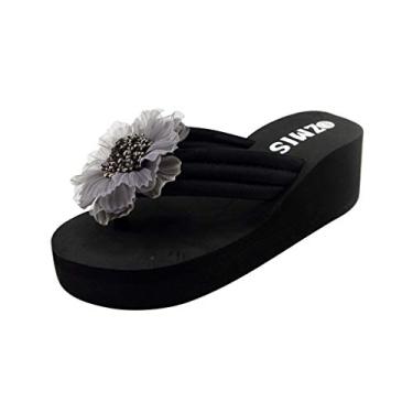 Imagem de Chinelos femininos sapatos anabela sandálias chinelos casa flip senhoras verão flor praia chinelos para meninas tamanho 5, Cinza, 6.5