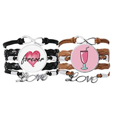 Imagem de DIYthinker Pulseira de mão rosa com pingente de sorvete Art Déco Presente Moda Pulseira de Couro Corda Forever Love Pulseira Conjunto Duplo, Não se candidatar