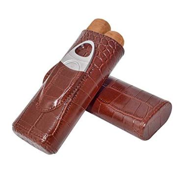 Imagem de 69Bourbons Leather Cigar Case - Suporte Para Tabaco De 2 Dedos, Para Charutos Até 52 Ring Gauge - Umidificador Portátil De Bolso Com Cortador De Charutos Em Aço Inoxidável E Padrões De Pele De Crocodilo - Presente Para Fumantes – Marrom
