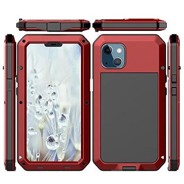 Imagem de Compatível com iPhone 13 Mini, capa de metal resistente para esportes ao ar livre, à prova de choque, à prova de poeira, capa de corpo inteiro com protetor de tela temperado de vidro embutido (vermelho)